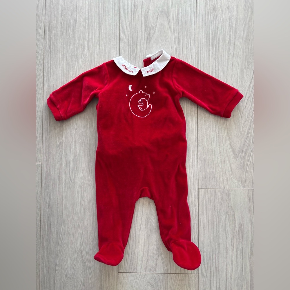 Jacadi Red Baby Footie Christmas with Bear and Moon Design